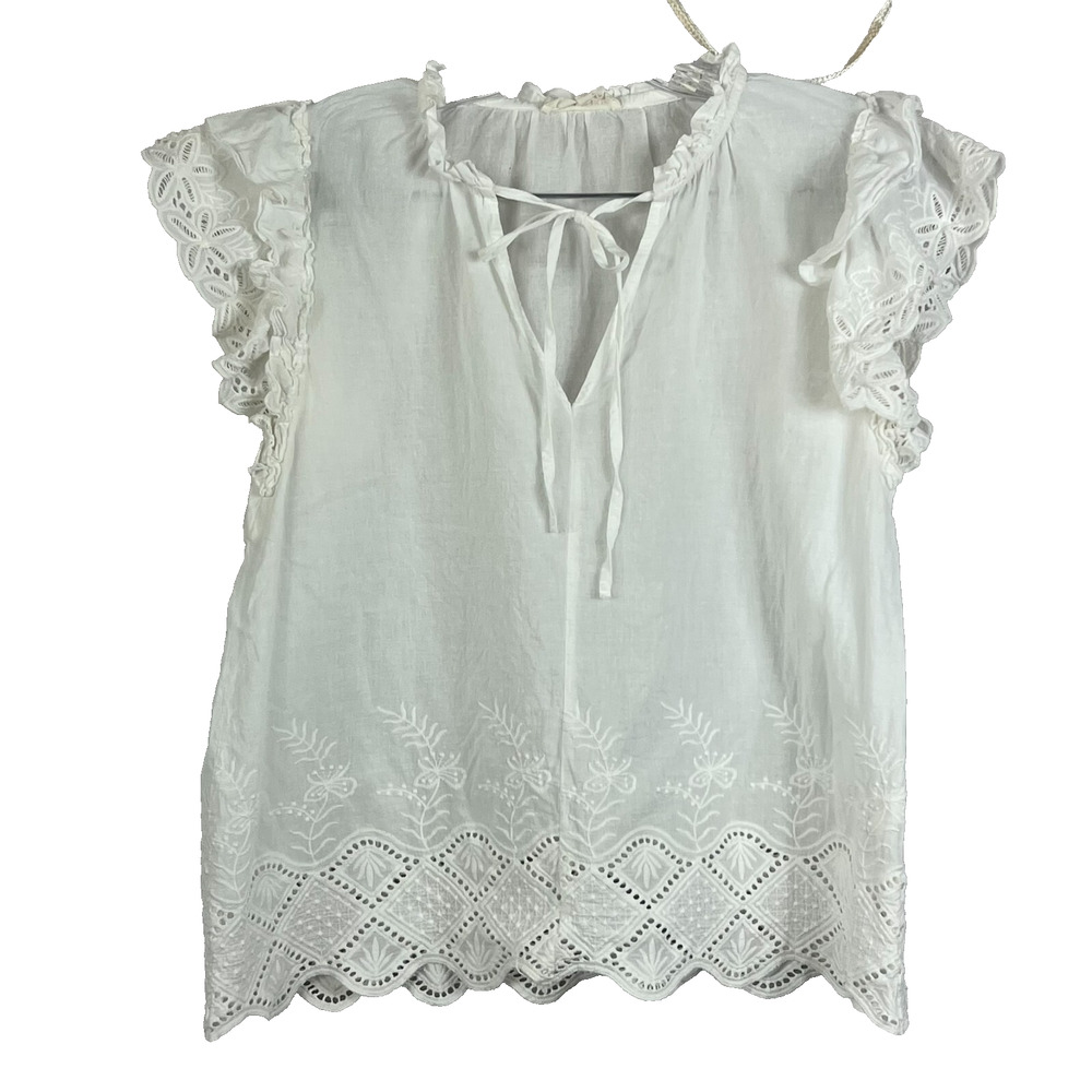 Solitare Women's Large White Lace Smocked Tie Front Flared Short Sleeve Top